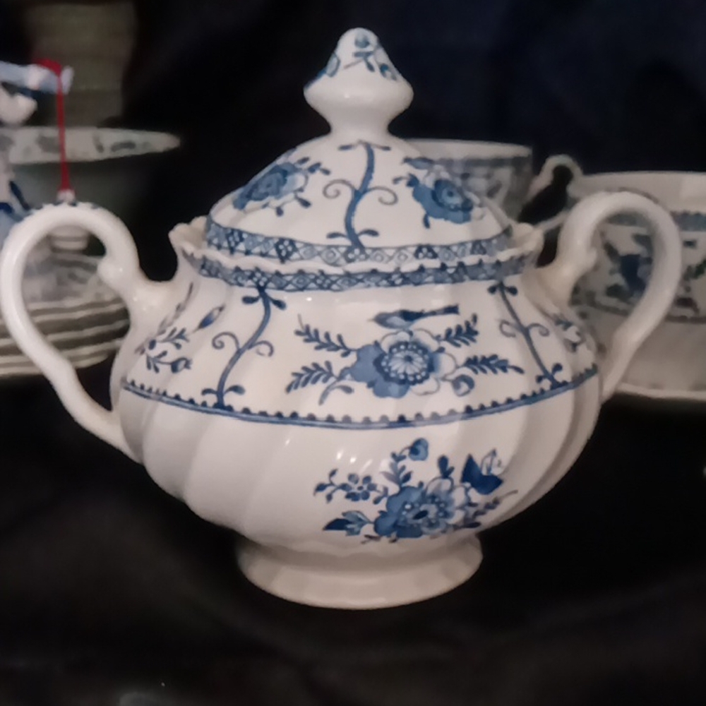 Johnson Bros. Blue and White Floral Gravy/Sugar Bowl